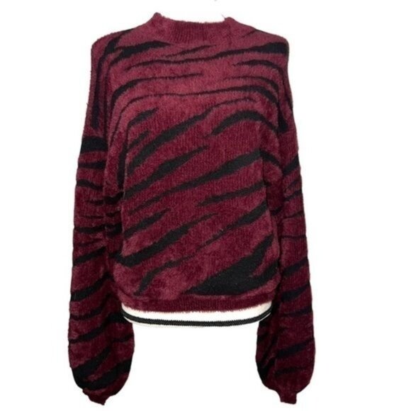 Bardot Womens Zebra Print Fuzzy Knit Crewneck Sweater Red & Black Balloon Sleeve - Picture 1 of 6